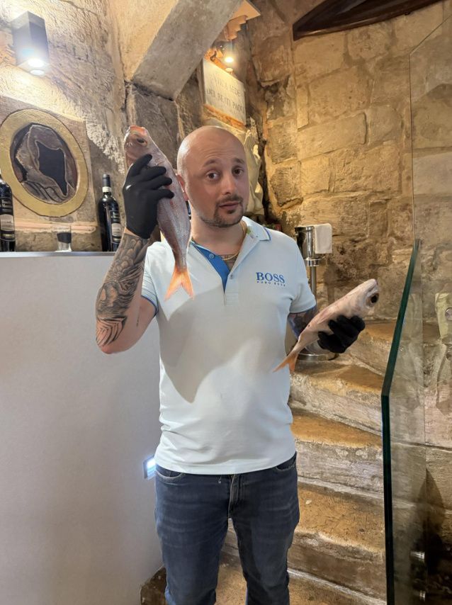 A staff member presenting a fresh whole bronze bream